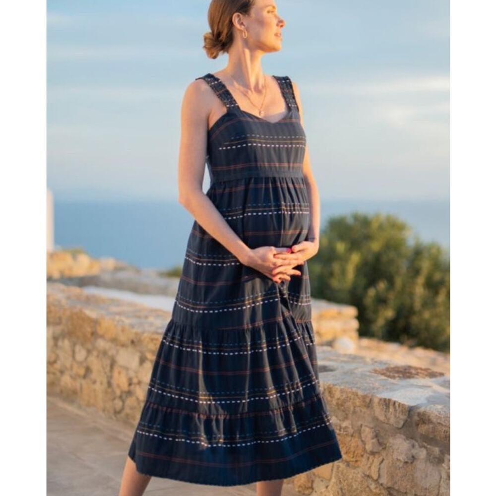 Seraphine Womens Cotton Boho Stitch Maternity Nursing Dress 8 Navy Tiered Midi